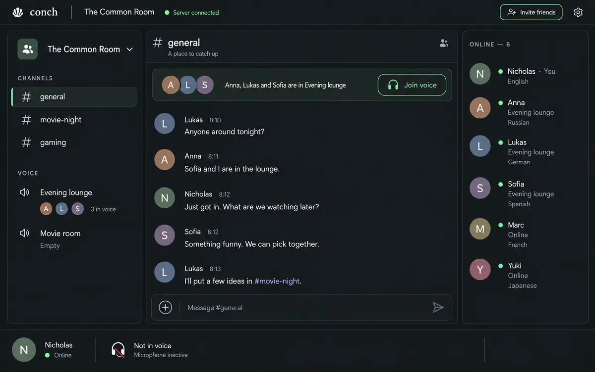 Design concept of the Conch graphical client: channels and voice rooms on the left, a text conversation in the center, and an online member list on the right.